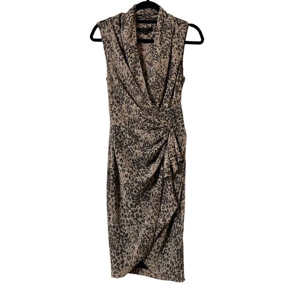 AllSaints Cancity Patch Ruched Wrap Dress US Sz 4 Leopard Print Chiffon - Picture 2 of 9